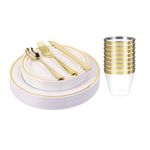Load image into Gallery viewer, 150pcs/25 set Gold Heavyweight Disposable Plastic Plates & Cutlery Set/Wedding Dinnerware set/Party Tableware Set Including 9oz Cups, 10.25" Plates, 7.5" Plates, Fork,Spoon,Knives