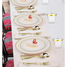 Load image into Gallery viewer, 150pcs/25 set Gold Heavyweight Disposable Plastic Plates & Cutlery Set/Wedding Dinnerware set/Party Tableware Set Including 9oz Cups, 10.25" Plates, 7.5" Plates, Fork,Spoon,Knives