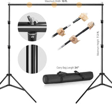 Load image into Gallery viewer, Photo Video Studio 10 ft. Wide Cross Bar 7.3 ft. Tall Backdrop Stand, Background Support System Kit with Clamp, Sand Bag, Carry Bag, Photography Studio, JSAG283