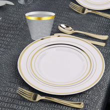 Load image into Gallery viewer, 150pcs/25 set Gold Heavyweight Disposable Plastic Plates & Cutlery Set/Wedding Dinnerware set/Party Tableware Set Including 9oz Cups, 10.25" Plates, 7.5" Plates, Fork,Spoon,Knives