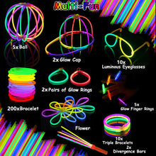 Load image into Gallery viewer, Glow Sticks,200 8" Glow Sticks 510PC Glow Party Supplies Favors Connectors for Glow Caps/Ear Rings/Finger Rings/Necklaces/Bracelets/Flowers/Balls with Glow Divergence Bars