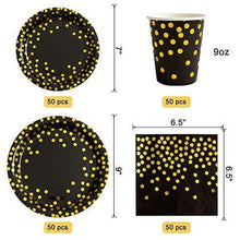 Load image into Gallery viewer, per4um 200Pcs Black and Gold Party Supplies - Gold Dot on Black Paper Plates and Napkins Cups Sets Serves 50 for Graduation Birthday Parties: Kitchen &amp; Dining