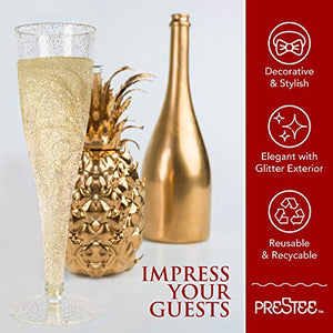 100 Pack | Gold Glitter Plastic Champagne Glasses for Parties