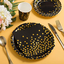 Load image into Gallery viewer, per4um 200Pcs Black and Gold Party Supplies - Gold Dot on Black Paper Plates and Napkins Cups Sets Serves 50 for Graduation Birthday Parties: Kitchen &amp; Dining