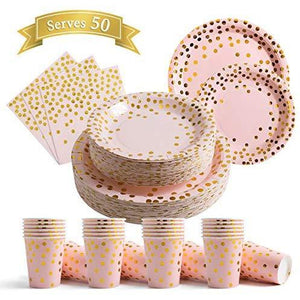 per4um 200Pcs Black and Gold Party Supplies - Gold Dot on Black Paper Plates and Napkins Cups Sets Serves 50 for Graduation Birthday Parties: Kitchen & Dining