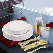 Load image into Gallery viewer, 150pcs/25 set Gold Heavyweight Disposable Plastic Plates &amp; Cutlery Set/Wedding Dinnerware set/Party Tableware Set Including 9oz Cups, 10.25&quot; Plates, 7.5&quot; Plates, Fork,Spoon,Knives