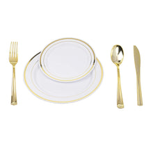 Load image into Gallery viewer, 150pcs/25 set Gold Heavyweight Disposable Plastic Plates &amp; Cutlery Set/Wedding Dinnerware set/Party Tableware Set Including 9oz Cups, 10.25&quot; Plates, 7.5&quot; Plates, Fork,Spoon,Knives