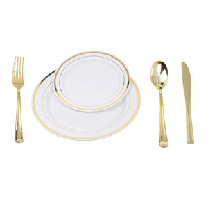 150pcs/25 set Gold Heavyweight Disposable Plastic Plates & Cutlery Set/Wedding Dinnerware set/Party Tableware Set Including 9oz Cups, 10.25" Plates, 7.5" Plates, Fork,Spoon,Knives