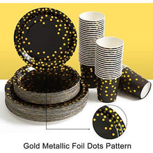 Load image into Gallery viewer, per4um 200Pcs Black and Gold Party Supplies - Gold Dot on Black Paper Plates and Napkins Cups Sets Serves 50 for Graduation Birthday Parties: Kitchen &amp; Dining