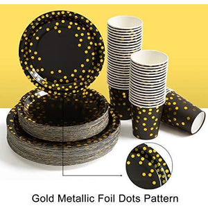 per4um 200Pcs Black and Gold Party Supplies - Gold Dot on Black Paper Plates and Napkins Cups Sets Serves 50 for Graduation Birthday Parties: Kitchen & Dining