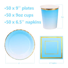 Load image into Gallery viewer, Ottin Ombre Blue Paper Plates and Napkins Set 50-counts Include Disposable Party Napkins/Cups/Plates Party Supplies for Birthday Wedding Graduations Celebrations New Year Thanksgiving Christmas