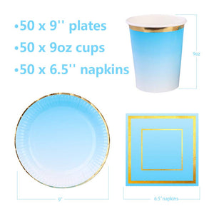 Ottin Ombre Blue Paper Plates and Napkins Set 50-counts Include Disposable Party Napkins/Cups/Plates Party Supplies for Birthday Wedding Graduations Celebrations New Year Thanksgiving Christmas