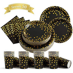 per4um 200Pcs Black and Gold Party Supplies - Gold Dot on Black Paper Plates and Napkins Cups Sets Serves 50 for Graduation Birthday Parties: Kitchen & Dining