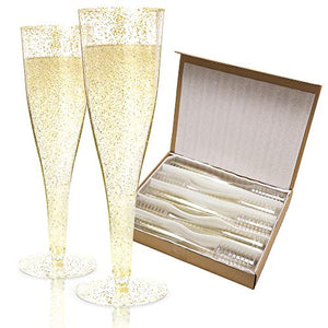 100 Pack | Gold Glitter Plastic Champagne Glasses for Parties