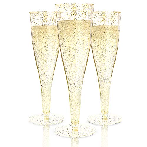 100 Pack | Gold Glitter Plastic Champagne Glasses for Parties