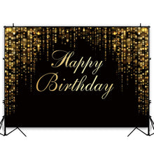 Load image into Gallery viewer, Funnytree 7x5ft Happy Birthday Party Backdrop Black and Gold Glitter Bokeh Sequin Spots Photography Background Golden Sparkle Shining Dots Baby Adult Abstract Banner Cake Table Decoration Photo Booth