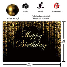 Load image into Gallery viewer, Funnytree 7x5ft Happy Birthday Party Backdrop Black and Gold Glitter Bokeh Sequin Spots Photography Background Golden Sparkle Shining Dots Baby Adult Abstract Banner Cake Table Decoration Photo Booth