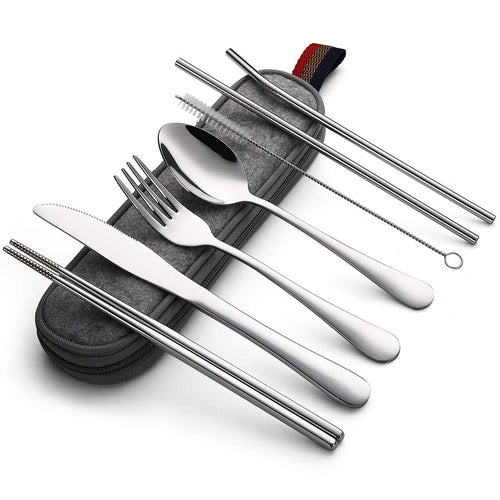 Devico Portable Utensils, Travel Camping Cutlery Set, 8-Piece including Knife Fork Spoon Chopsticks Cleaning Brush Straws Portable Case, Stainless Steel Flatware set (8-piece Silver)