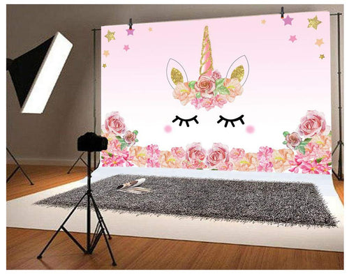 Laeacco 5x3ft Photography Background Unicorn Birthday Party Photo Backdrop Background Watercolor Flowers Roses Cute Stars Smiling Face Baby Shower Unicorn Head Sweet Pink Girls Photo Portrait Stduio