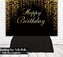 Load image into Gallery viewer, Funnytree 7x5ft Happy Birthday Party Backdrop Black and Gold Glitter Bokeh Sequin Spots Photography Background Golden Sparkle Shining Dots Baby Adult Abstract Banner Cake Table Decoration Photo Booth