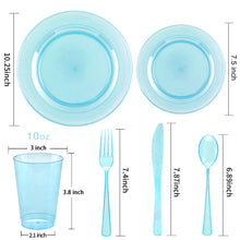 Load image into Gallery viewer, WDF 25 Guest Blue Plates with Disposable Plastic Silverware&amp;Blue Cups-Neon Clear Plastic Dinnerware include 25 Dinner Plates,25Salad Plates,25Forks, 25 Knives, 25 Spoons,25 Plastic Cups