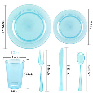 WDF 25 Guest Blue Plates with Disposable Plastic Silverware&Blue Cups-Neon Clear Plastic Dinnerware include 25 Dinner Plates,25Salad Plates,25Forks, 25 Knives, 25 Spoons,25 Plastic Cups