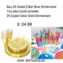 Load image into Gallery viewer, WDF 25 Guest Blue Plates with Disposable Plastic Silverware&amp;Blue Cups-Neon Clear Plastic Dinnerware include 25 Dinner Plates,25Salad Plates,25Forks, 25 Knives, 25 Spoons,25 Plastic Cups