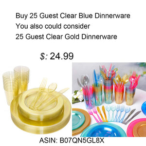 WDF 25 Guest Blue Plates with Disposable Plastic Silverware&Blue Cups-Neon Clear Plastic Dinnerware include 25 Dinner Plates,25Salad Plates,25Forks, 25 Knives, 25 Spoons,25 Plastic Cups