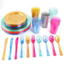 Load image into Gallery viewer, WDF 25 Guest Blue Plates with Disposable Plastic Silverware&amp;Blue Cups-Neon Clear Plastic Dinnerware include 25 Dinner Plates,25Salad Plates,25Forks, 25 Knives, 25 Spoons,25 Plastic Cups