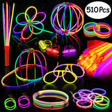 Load image into Gallery viewer, Glow Sticks,200 8&quot; Glow Sticks 510PC Glow Party Supplies Favors Connectors for Glow Caps/Ear Rings/Finger Rings/Necklaces/Bracelets/Flowers/Balls with Glow Divergence Bars