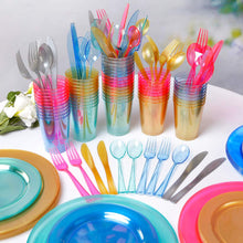 Load image into Gallery viewer, WDF 25 Guest Blue Plates with Disposable Plastic Silverware&amp;Blue Cups-Neon Clear Plastic Dinnerware include 25 Dinner Plates,25Salad Plates,25Forks, 25 Knives, 25 Spoons,25 Plastic Cups