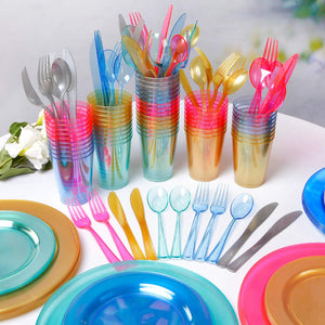 WDF 25 Guest Blue Plates with Disposable Plastic Silverware&Blue Cups-Neon Clear Plastic Dinnerware include 25 Dinner Plates,25Salad Plates,25Forks, 25 Knives, 25 Spoons,25 Plastic Cups