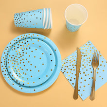 Load image into Gallery viewer, Blue and Gold Party Supplies 150Pcs Golden Dot Disposable Party Dinnerware Includes Paper Plates, Napkins, Knives, Forks, 12oz Cups, Banner, for Baby Shower, Boy Birthday, Serves 25