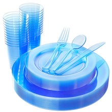 Load image into Gallery viewer, WDF 25 Guest Blue Plates with Disposable Plastic Silverware&amp;Blue Cups-Neon Clear Plastic Dinnerware include 25 Dinner Plates,25Salad Plates,25Forks, 25 Knives, 25 Spoons,25 Plastic Cups