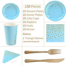 Load image into Gallery viewer, Blue and Gold Party Supplies 150Pcs Golden Dot Disposable Party Dinnerware Includes Paper Plates, Napkins, Knives, Forks, 12oz Cups, Banner, for Baby Shower, Boy Birthday, Serves 25