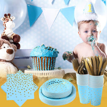 Load image into Gallery viewer, Blue and Gold Party Supplies 150Pcs Golden Dot Disposable Party Dinnerware Includes Paper Plates, Napkins, Knives, Forks, 12oz Cups, Banner, for Baby Shower, Boy Birthday, Serves 25