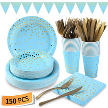 Load image into Gallery viewer, Blue and Gold Party Supplies 150Pcs Golden Dot Disposable Party Dinnerware Includes Paper Plates, Napkins, Knives, Forks, 12oz Cups, Banner, for Baby Shower, Boy Birthday, Serves 25