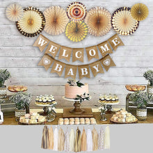 Load image into Gallery viewer, YARA Neutral Baby Shower Decorations for Boy or Girl Kit, Rustic Welcome Baby Banner in Burlap, Tassels, Gold and White Gender Reveal Baby Shower Decor Kit, Paper Fans, Party Supplies