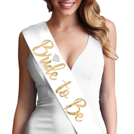 Bride to be with Diamond Metallic Gold Foil White Satin Sash - Bridal Shower, Bachelorette Party Decorations & Supplies