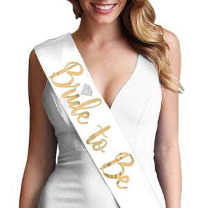 Bride to be with Diamond Metallic Gold Foil White Satin Sash - Bridal Shower, Bachelorette Party Decorations & Supplies