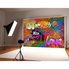 Load image into Gallery viewer, HelloDecor Polyster 7x5ft Hip Hop Graffiti Photography Backdrop 90th Colorful Brick Wall Background for Party Decorations Photo Studio Backdrops Prop